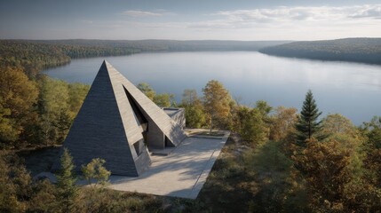 A modern concrete house set amidst a serene landscape, with a pyramid-like structure and a scenic lake view 