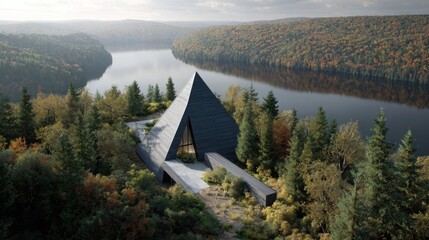 A modern architecture house built in the forest and is surrounded by a river. The house features a unique triangular shape. It has a nice path leading to the entrance of the house
