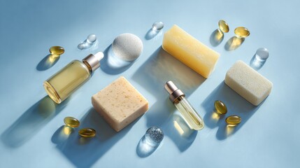 A top-down view of beauty products like soap, serum and pills under bright sunlight, highlighting natural skincare
