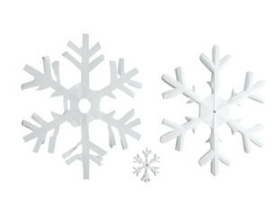 Set of three decorative white snowflakes isolated on a white background.