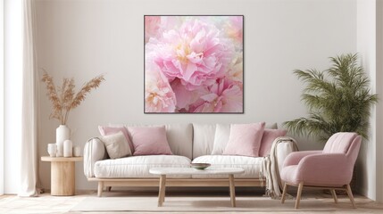 A cozy living room setting featuring a comfortable sofa, a matching armchair, and decorative items. The room is decorated with a beautiful piece of art.