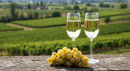 Two glasses of white wine and a bunch of green grapes sit on a textured surface with a vineyard in the background