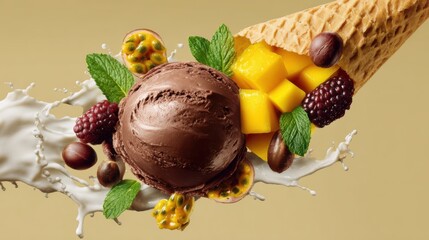 A delightful composition of chocolate ice cream with vibrant fruits and a crispy waffle cone, splashes of milk adding a dynamic touch