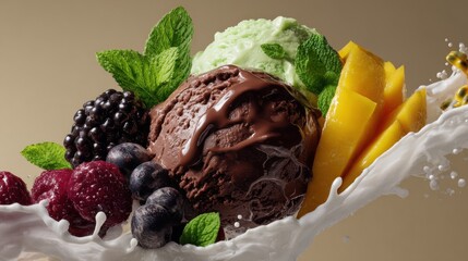 A Delicious ice cream sundae with mixed fruit