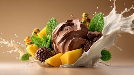 Delicious ice cream with fresh fruits, capturing a moment of sweet refreshment. Creamy, textured and vibrant, with mango, and mint