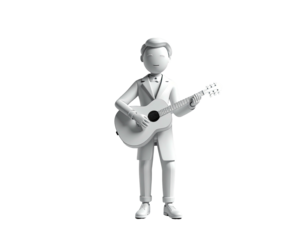 Stylized white 3D character in a suit playing an acoustic guitar.