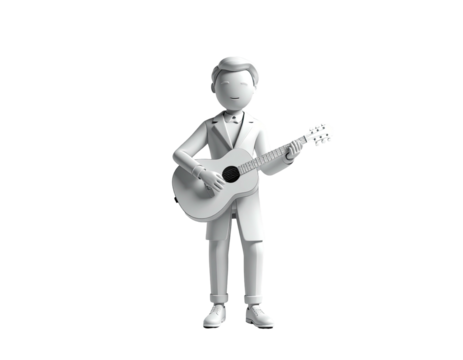 Stylized white 3D character in a suit playing an acoustic guitar. - Powered by Adobe