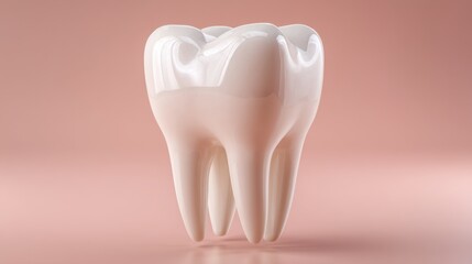 Close-up view of a pristine white tooth against a soft pink backdrop, highlighting dental health. The tooth appears healthy and strong, showcasing dental care