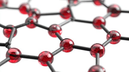 An intricate, close-up view of a molecular structure, with a network of interconnected red spheres
