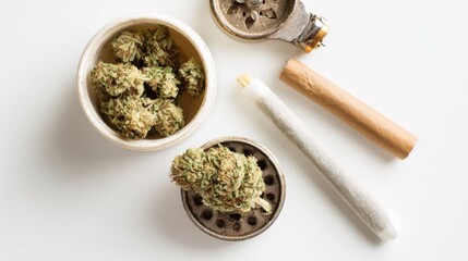 An overhead view of a collection of cannabis buds, grinder, blunt, and rolled joint. The objects are arranged to represent a collection of cannabis-related items