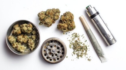 A close-up shot of cannabis buds with a grinder, cigarette, and vaporizer. This arrangement suggests preparation and enjoyment of cannabis.