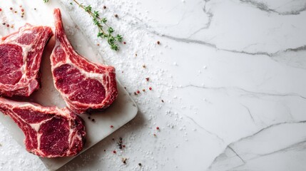 Fresh raw lamb chops arranged on a white marble surface with spices