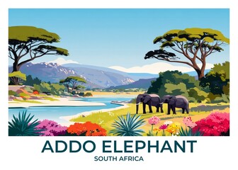 Addo Elephant National Park, South Africa Flat Retro Poster illustration, Landscape Travel Wall Art, Vintage High quality prints