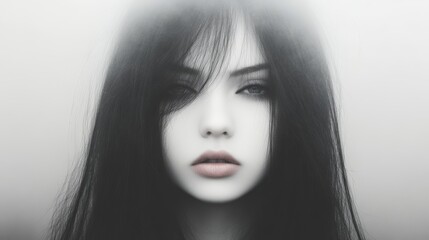 Fototapeta premium A close-up shot of a young woman with dark, flowing hair and striking features, set against a misty background, This image can be used for themes of beauty, mystery