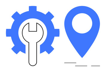 Blue gear with wrench symbolizes technical support, paired with a location marker for navigation. Ideal for repair, maintenance, technology, location services, logistics, mapping, productivity