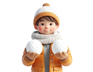 Adorable 3D illustrated child in warm winter clothes holding snowballs.