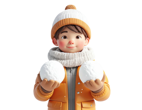 Adorable 3D illustrated child in warm winter clothes holding snowballs.