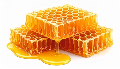 “Three stacked honeycombs dripping golden honey, showcasing natural geometry, organic texture, and the purity of bee-crafted sweetness.”