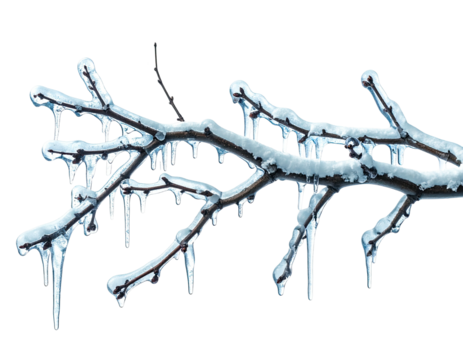 Icy tree branch covered with snow and hanging icicles.