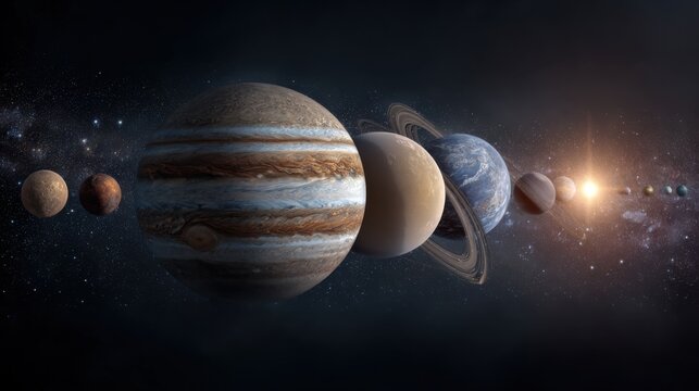 A captivating view of the solar system, with planets in a line, lit by a radiant sun. Planets showing the wonders of the universe