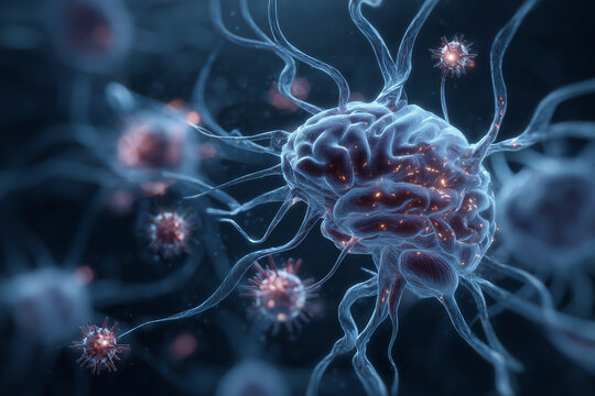 A brain with many small blue and red dots surrounding it