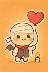 Little mummy holding heart balloon, cartoon Halloween sticker.
