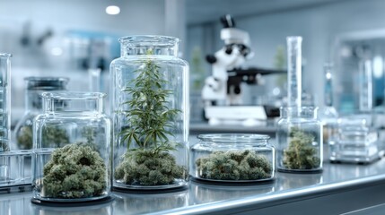 A laboratory setup with several glass containers holding plants