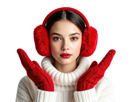 Beautiful young woman wearing red earmuffs and knitted gloves. - Powered by Adobe