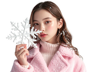 Beautiful young Asian woman in a pink winter coat holding a large snowflake.