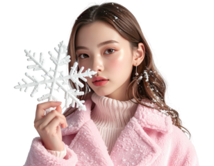 Beautiful young Asian woman in a pink winter coat holding a large snowflake.