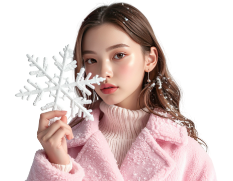 Beautiful young Asian woman in a pink winter coat holding a large snowflake. - Powered by Adobe
