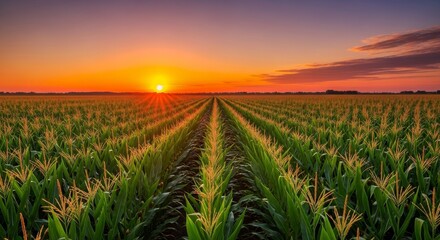Majestic Corn Field Sunset Glow - A serene corn field bathed in the warm glow of a setting sun, symbolizing agriculture, growth, nature, harvest, and tranquility