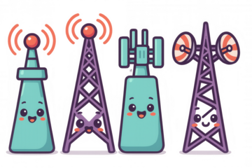 Cute kawaii style communication towers sending wireless signals for internet and mobile network connection