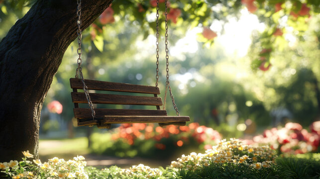vintage wooden swing hanging from large tree surrounded by blooming flowers and greenery, creating serene and peaceful atmosphere in garden