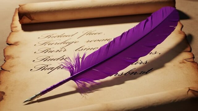Purple quill pen rests on aged parchment scroll with elegant script