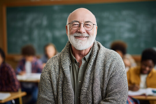 A man in a gray sweater and glasses is smiling in front of a chalkboard