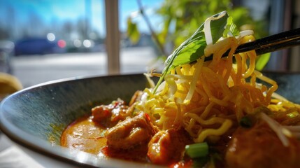 A delicious bowl of traditional asian noodles is ready to be eaten. A hand using chopsticks is about to take the noddles from bowl