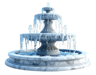 Elegant three tiered stone water fountain frozen with icicles.