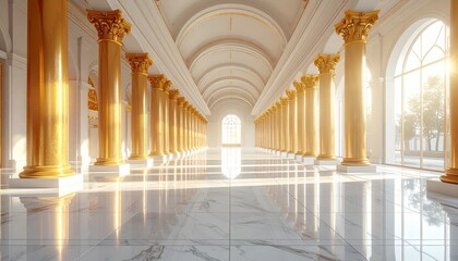 Elegant Hallway with Golden Pillars and Marble Floor.