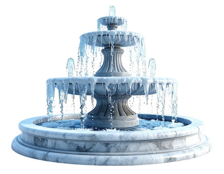 Elegant three tiered stone water fountain frozen with icicles.