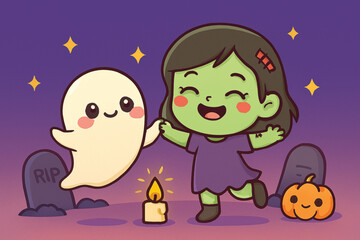 Happy chibi zombie girl dancing with ghost friend.