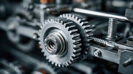 Fototapeta premium Close-up of a complex mechanical mechanism featuring gears and cogs, emphasizing precision and industrial design