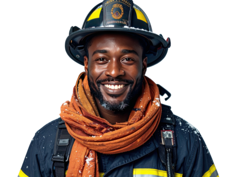 Portrait of a smiling African American firefighter in uniform on a white background.