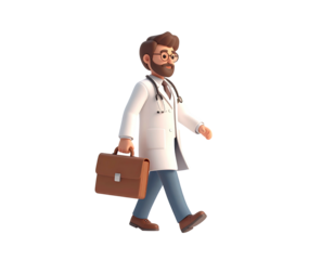 3D cartoon doctor character walking with a medical briefcase.