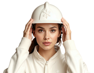 Confident young woman in a white sweatshirt adjusting her safety hard hat.
