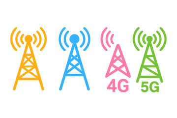 Communication towers sending wireless signals, representing mobile network connectivity, 4g, and 5g technology
