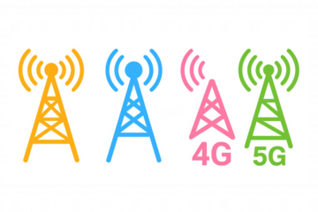 Communication towers sending wireless signals, representing mobile network connectivity, 4g, and 5g technology