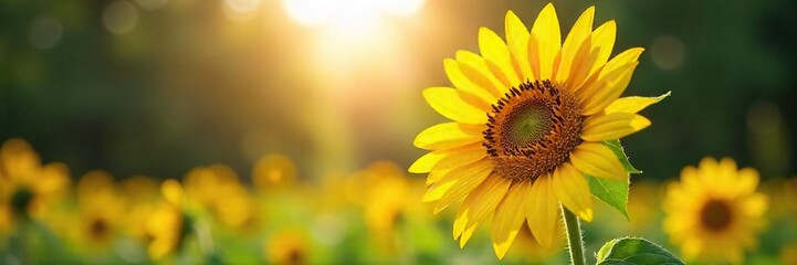Obraz premium Majestic Sunflower Reaching for the Sun in a Lush Summer Garden, Vibrant Yellow Petals and Dark Brown Center, Beautiful Bloom