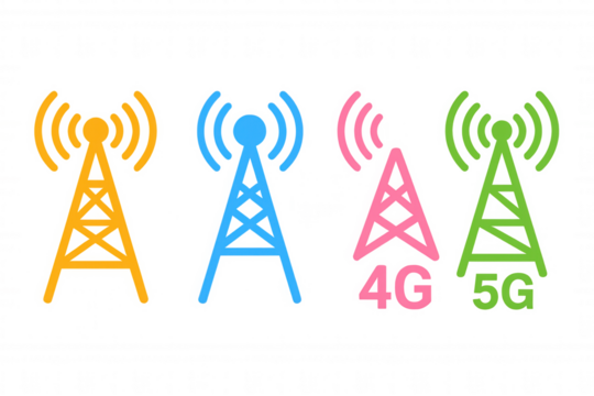 Communication towers sending wireless signals, representing mobile network connectivity, 4g, and 5g technology
