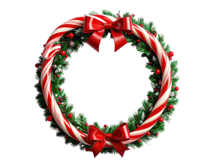 A festive Christmas wreath made of candy canes and red bows.
